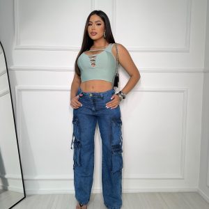 Calça Jeans Wide Leg Cargo Premium Slim e Plus Size